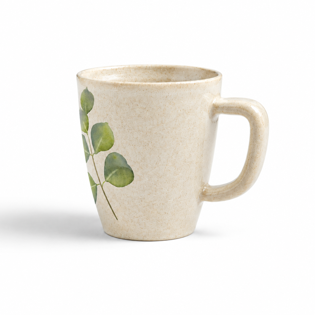 Watercolor Green Leaf Cream Mug – Tapered Botanical Coffee Cup with Six-Leaf Branch Artwork & Rounded Handle for Nature-Inspired Tables and Thoughtful Gifting