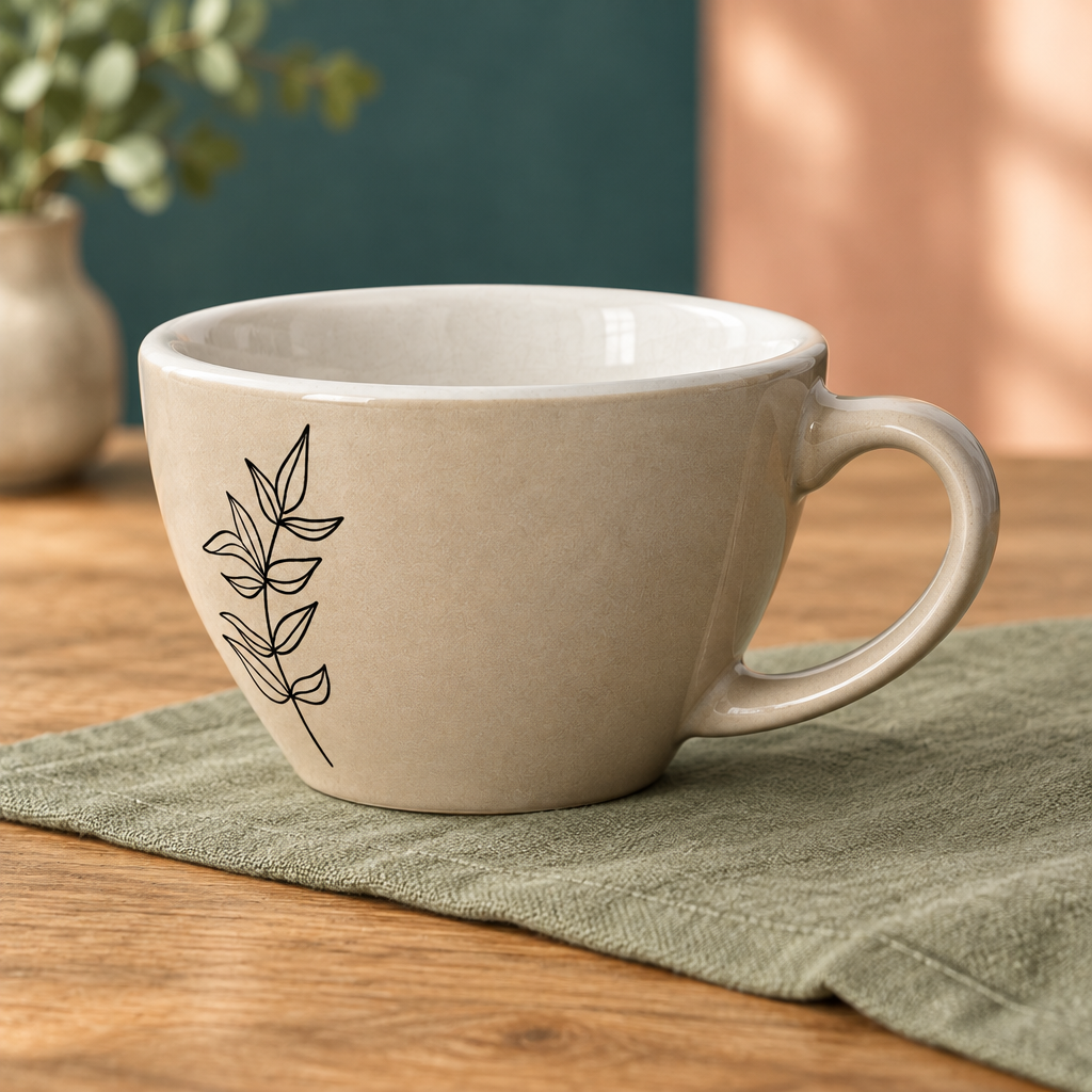 Minimalist Black Leaf Line-Art Coffee Cup – Beige Wide-Bowl Mug with Cream Interior & Oval Handle for Modern Tables, Creative Spaces and Thoughtful Gifts