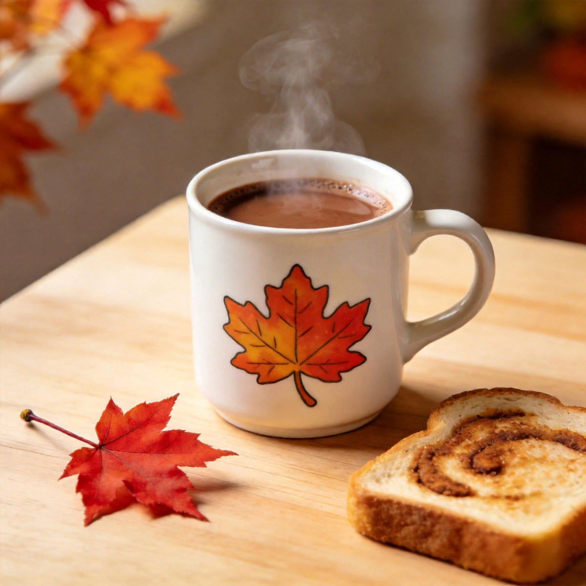 Fall Maple Leaf Ceramic Mug – Cream Coffee Cup with Red, Orange & Golden Autumn Artwork for Cozy Mornings, Reading Corners & Seasonal Gifting