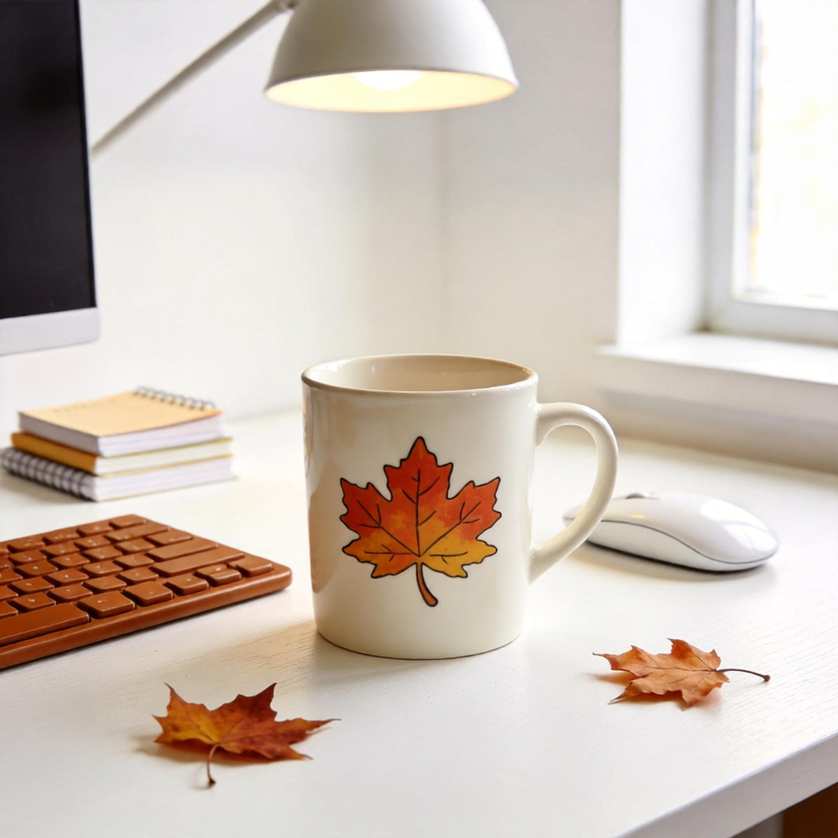 Fall Maple Leaf Ceramic Mug – Cream Coffee Cup with Red, Orange & Golden Autumn Artwork for Cozy Mornings, Reading Corners & Seasonal Gifting