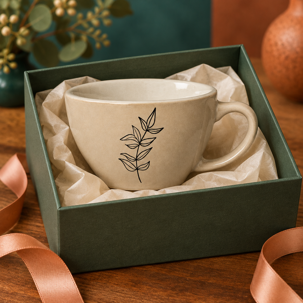 Minimalist Black Leaf Line-Art Coffee Cup – Beige Wide-Bowl Mug with Cream Interior & Oval Handle for Modern Tables, Creative Spaces and Thoughtful Gifts