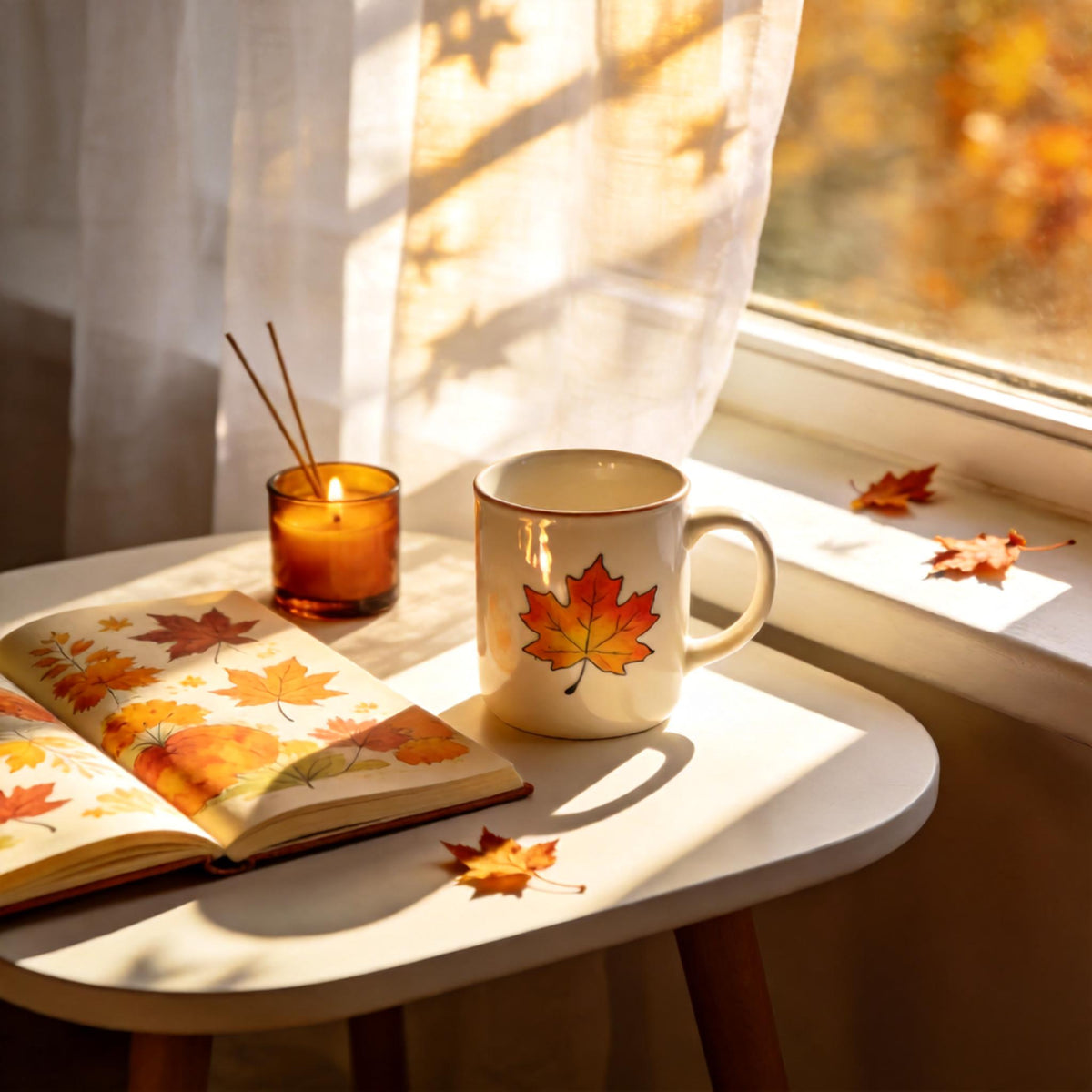 Fall Maple Leaf Ceramic Mug – Cream Coffee Cup with Red, Orange & Golden Autumn Artwork for Cozy Mornings, Reading Corners & Seasonal Gifting
