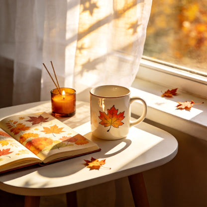 Fall Maple Leaf Ceramic Mug – Cream Coffee Cup with Red, Orange & Golden Autumn Artwork for Cozy Mornings, Reading Corners & Seasonal Gifting