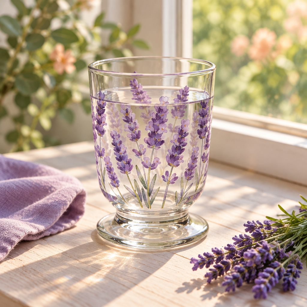 Lavender Floral Glass Cup – Clear Footed Drinking Glass with Purple Botanical Artwork for Garden-Inspired Tables, Everyday Sips & Thoughtful Gifts