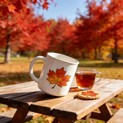 Fall Maple Leaf Ceramic Mug – Cream Coffee Cup with Red, Orange & Golden Autumn Artwork for Cozy Mornings, Reading Corners & Seasonal Gifting