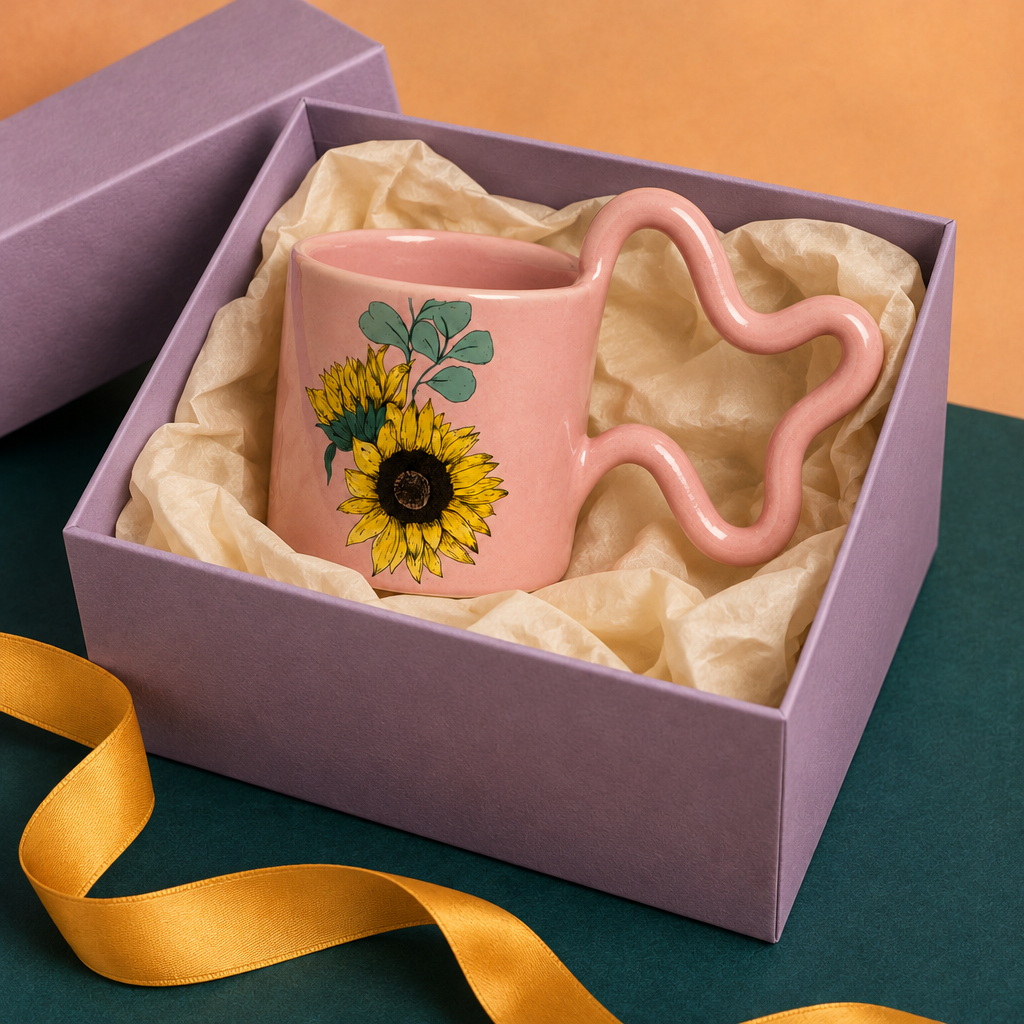 Sunflower Pink Wavy-Handle Mug – Blush Botanical Coffee Cup with Yellow Blooms, Sage Leaves & Sculptural Handle for Colorful Tables and Creative Gifting