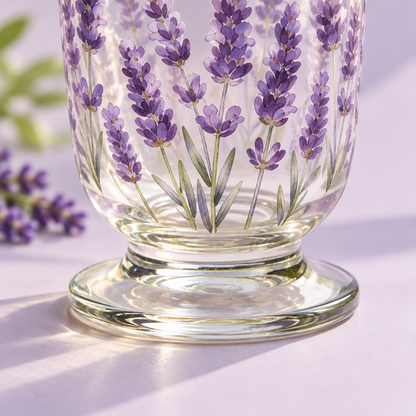 Lavender Floral Glass Cup – Clear Footed Drinking Glass with Purple Botanical Artwork for Garden-Inspired Tables, Everyday Sips & Thoughtful Gifts