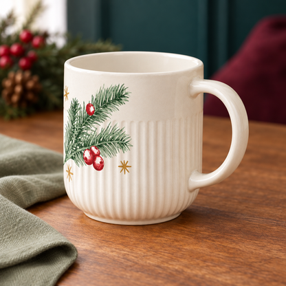 Winter Pine & Red Berry Ribbed Mug – Cream Fluted Coffee Cup with Evergreen Artwork, Golden Starbursts & Rounded Handle for Festive Tables and Seasonal Gifting