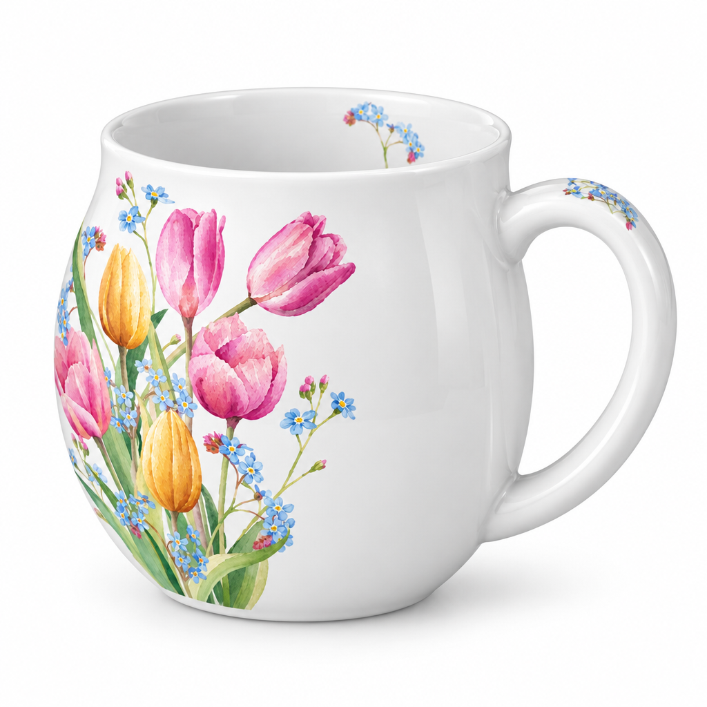 Spring Tulip Bouquet Rounded Mug – White Floral Coffee Cup with Pink & Yellow Tulips, Blue Blossoms and Hidden Flower Details for Garden-Inspired Tables