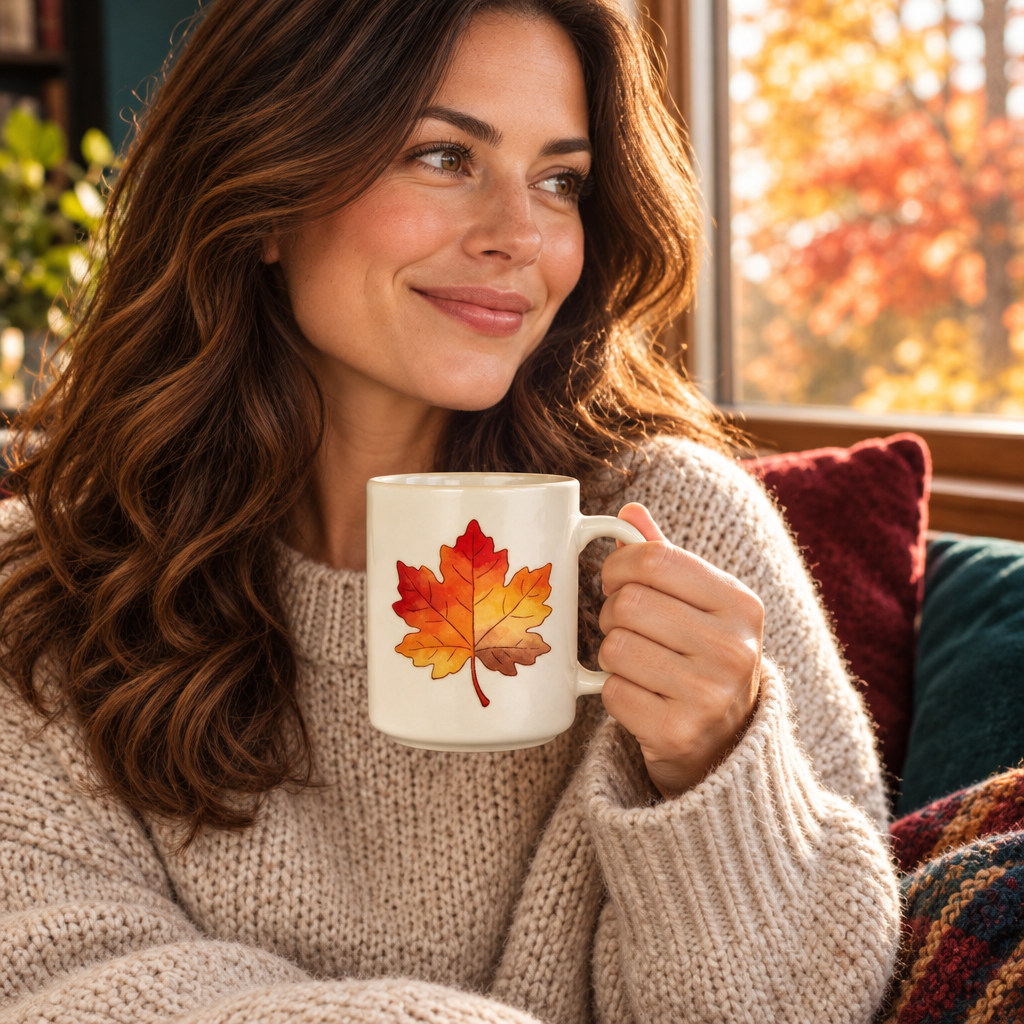 Fall Maple Leaf Ceramic Mug – Cream Coffee Cup with Red, Orange & Golden Autumn Artwork for Cozy Mornings, Reading Corners & Seasonal Gifting