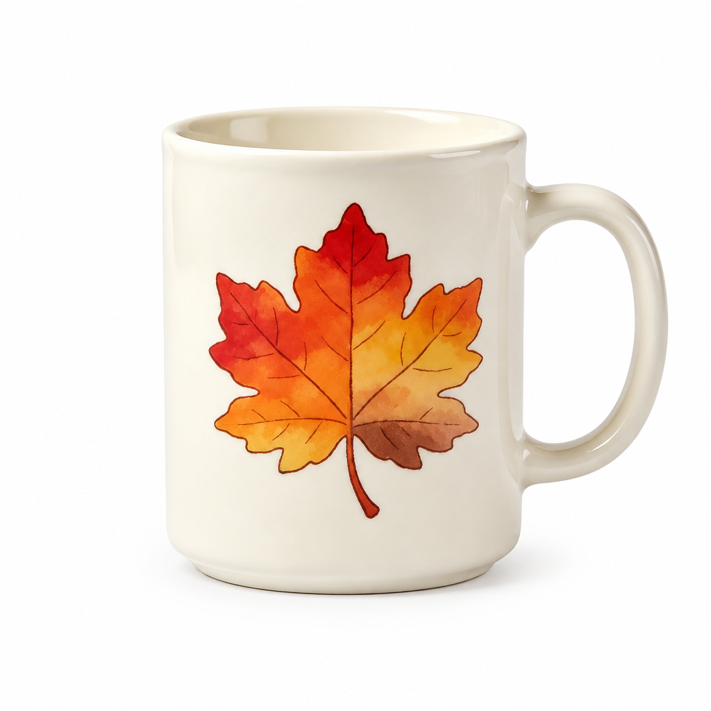 Cream maple leaf ceramic mug on a white background