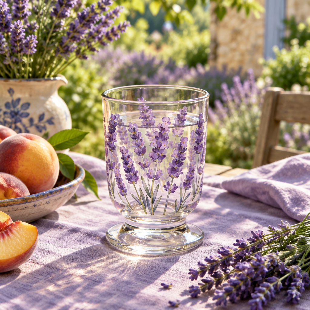 Lavender glass cup on a colorful garden breakfast table