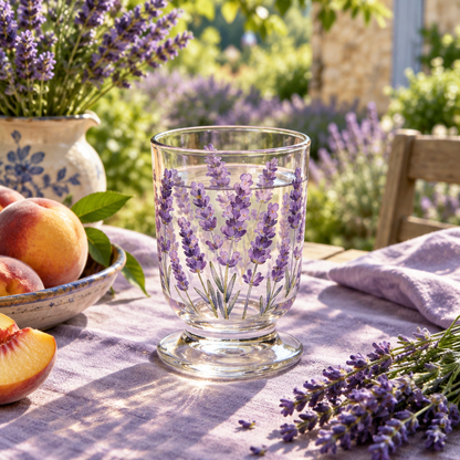 Lavender glass cup on a colorful garden breakfast table