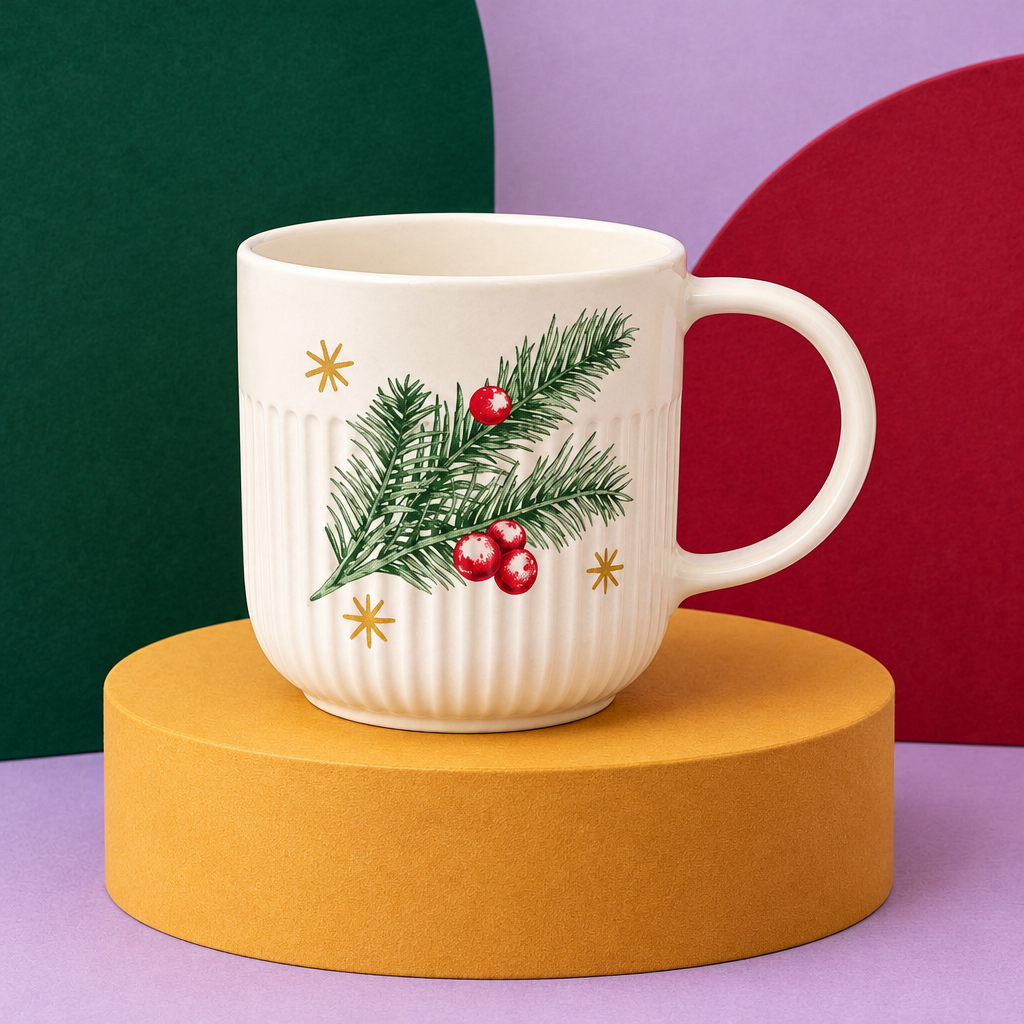 Winter botanical ribbed mug concept in a colorful studio scene