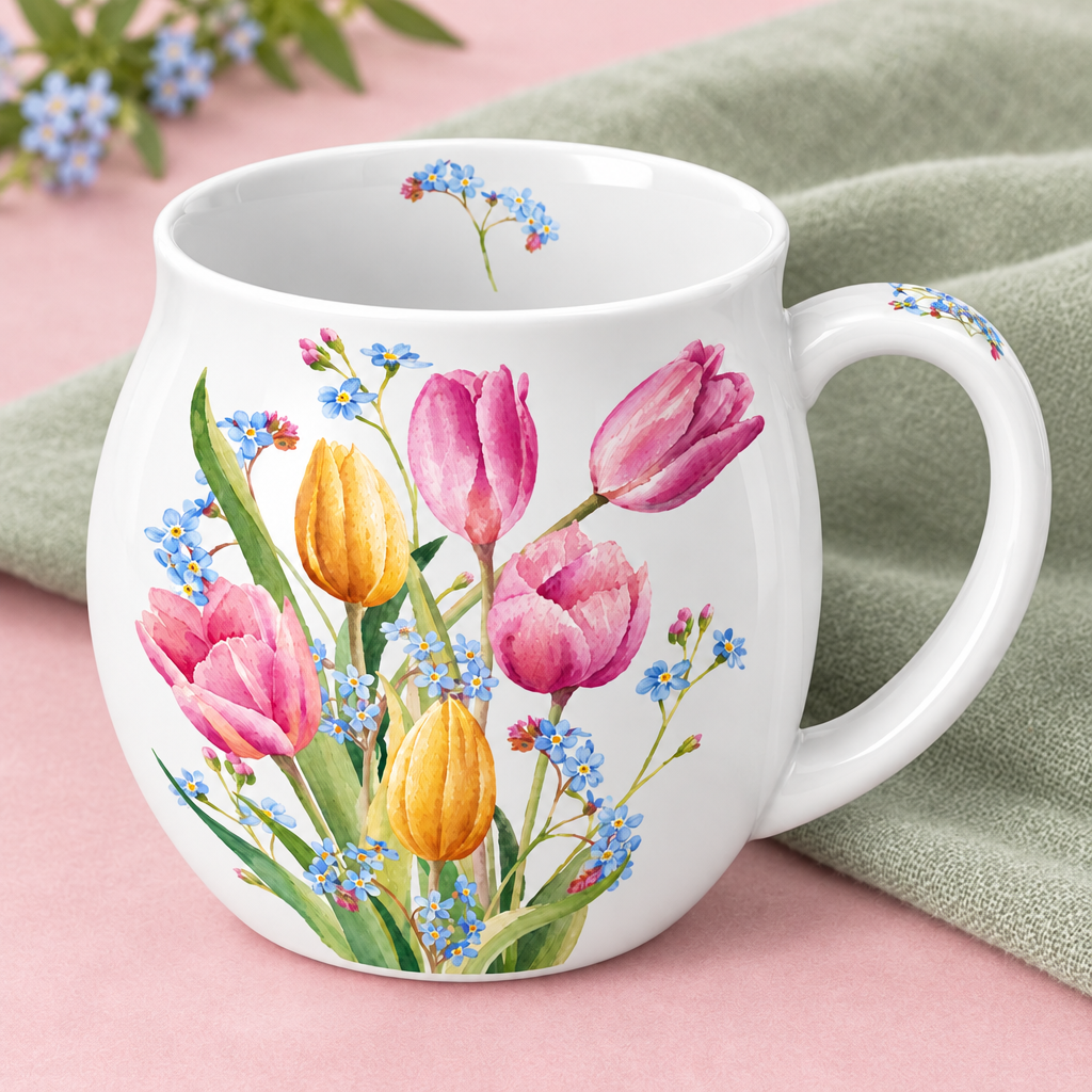 High angled view of small floral accents inside rim and on handle
