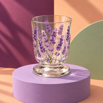 Lavender glass cup against a vivid plum peach and sage studio background