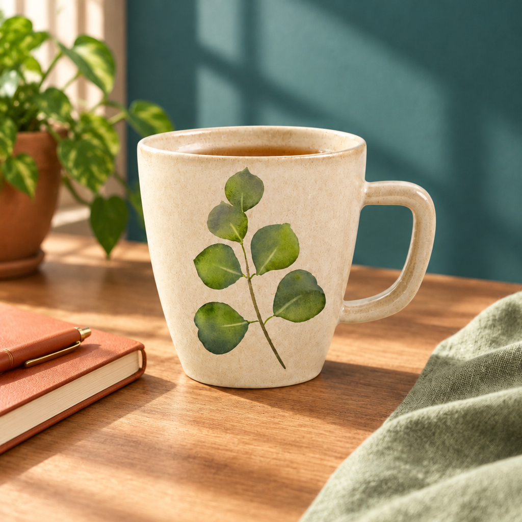 Botanical mug on a creative desk with colorful accents