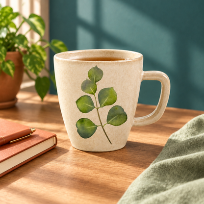 Botanical mug on a creative desk with colorful accents