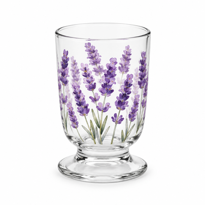 Lavender floral footed glass cup on white background