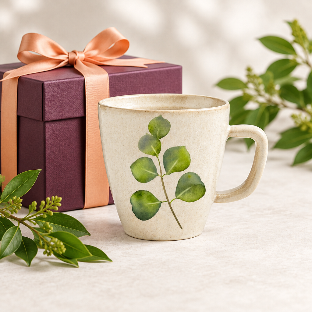 Green leaf mug beside separate decorative gift wrapping
