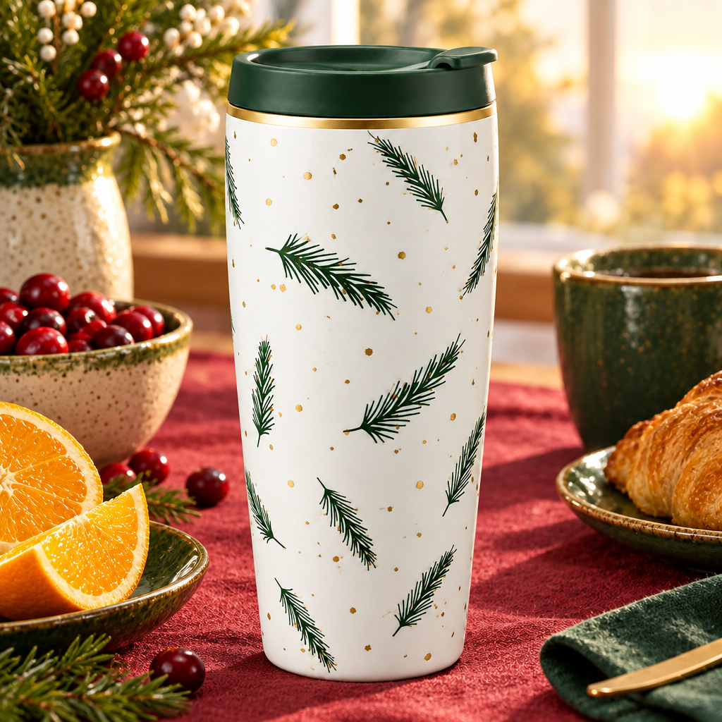 Pine tumbler concept on a colorful breakfast table