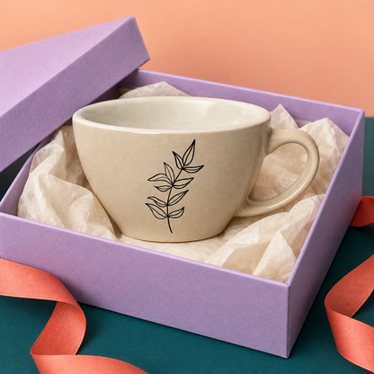 Beige leaf line-art cup concept inside decorative lavender gift box
