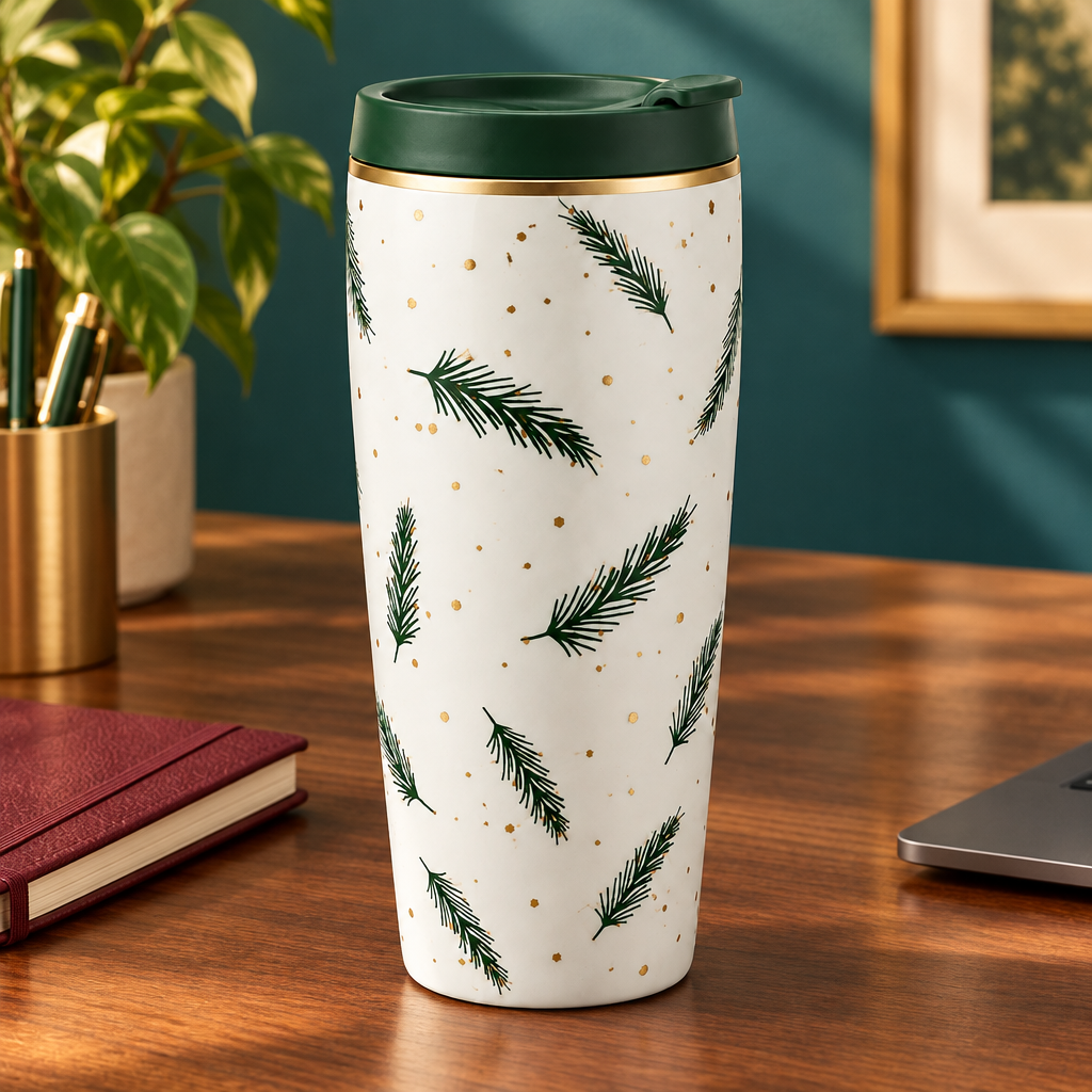 Pine tumbler concept on a walnut home office desk