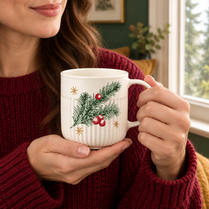 Woman holding cream botanical mug near a window