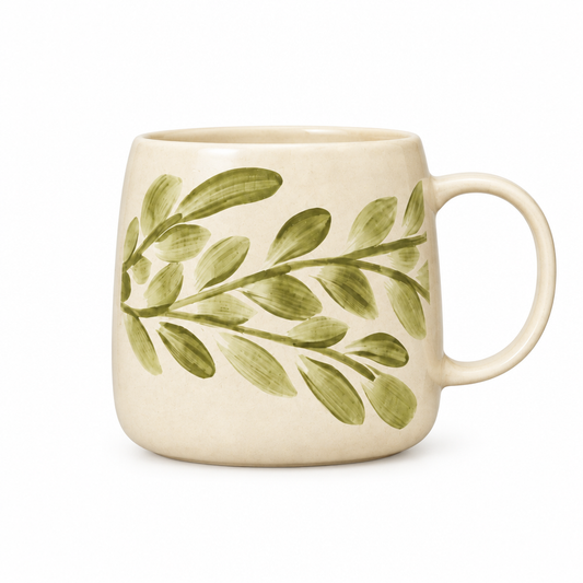 Rounded cream mug with watercolor olive leaves on white background