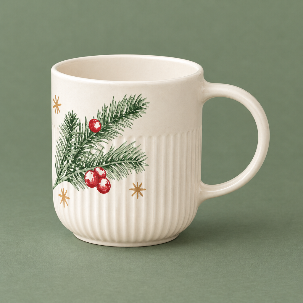 Side view of ribbed cream mug and handle attachments