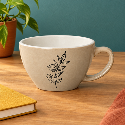 Minimal botanical cup concept on a colorful creative desk
