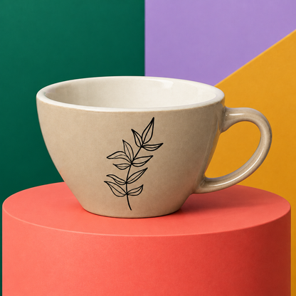 Minimalist botanical cup concept against colorful studio shapes
