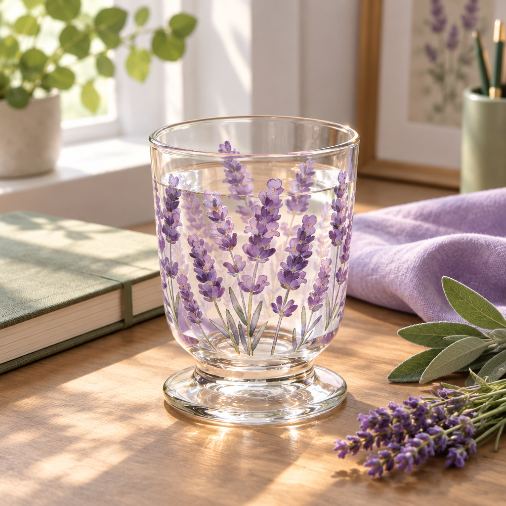 Lavender glass on a lilac and sage home desk