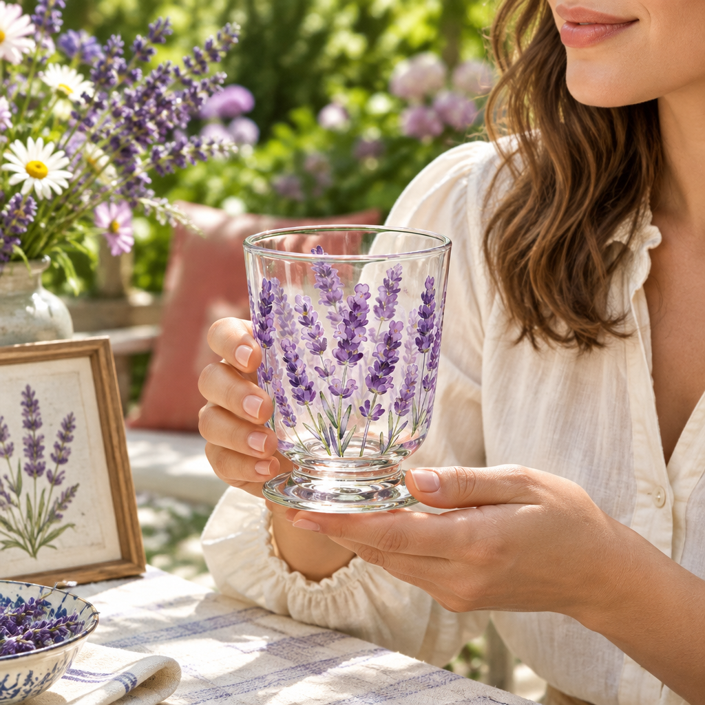 Woman holding lavender glass cup in a garden setting