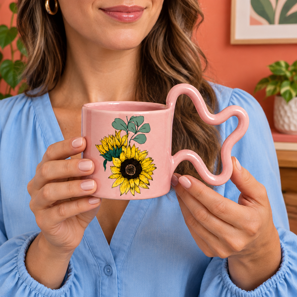 Woman holding pink sunflower mug with sculptural wavy handle