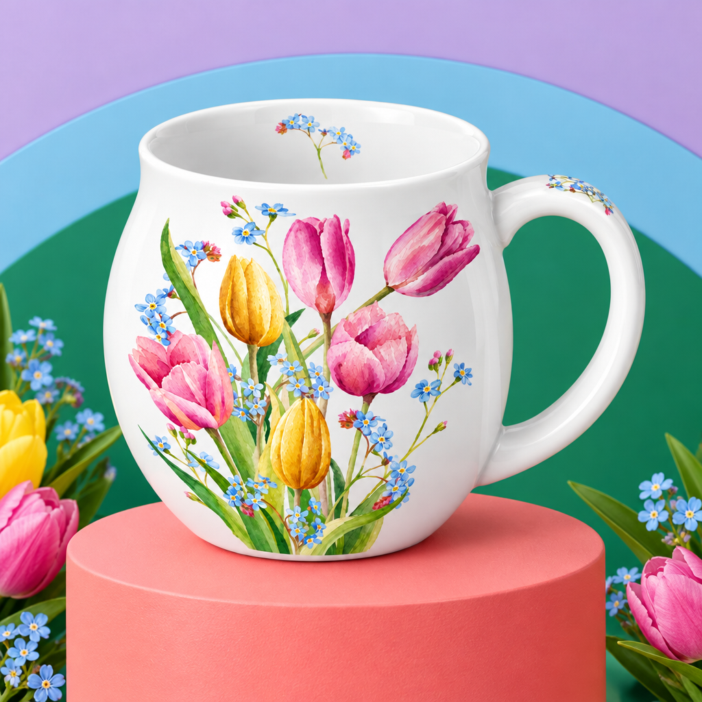Rounded tulip mug concept against coral lilac blue and emerald studio colors