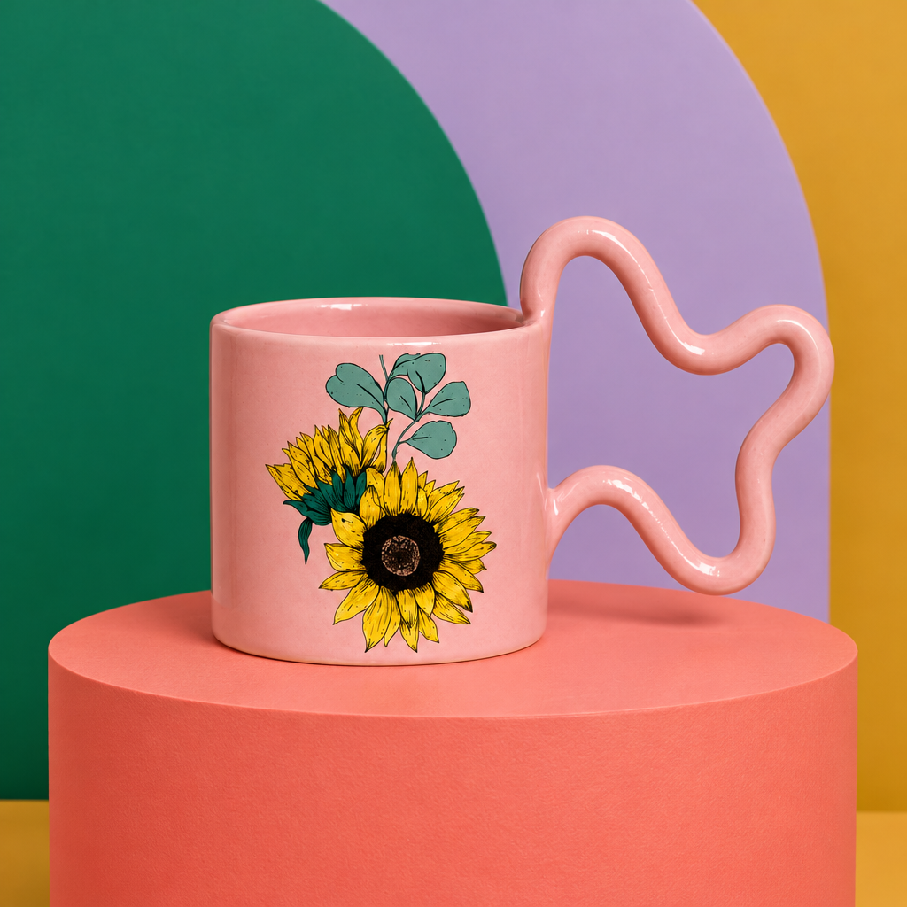 Pink sunflower mug concept in a rich coral emerald and lilac studio scene