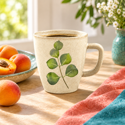 Green leaf mug design on a colorful breakfast table