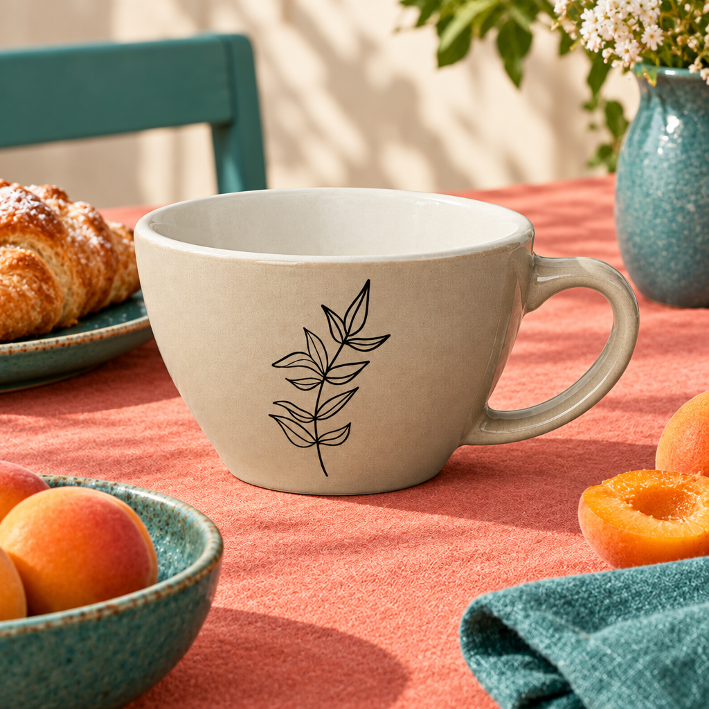 Black leaf line-art cup concept on a colorful breakfast table