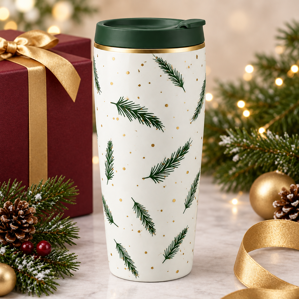 Pine tumbler concept beside separate seasonal gift props