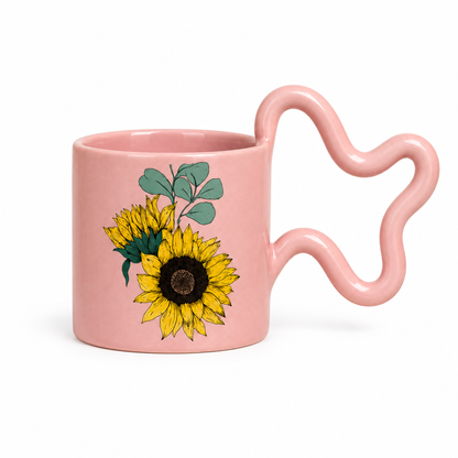 Pink sunflower wavy-handle mug concept on white background