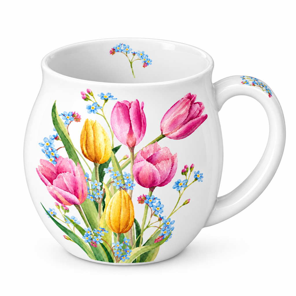 Rounded white tulip bouquet mug concept on white background