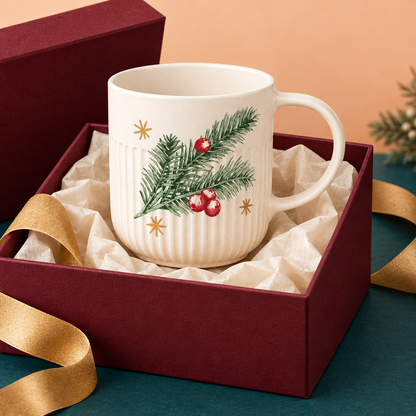 Pine and berry mug concept inside a decorative burgundy gift box