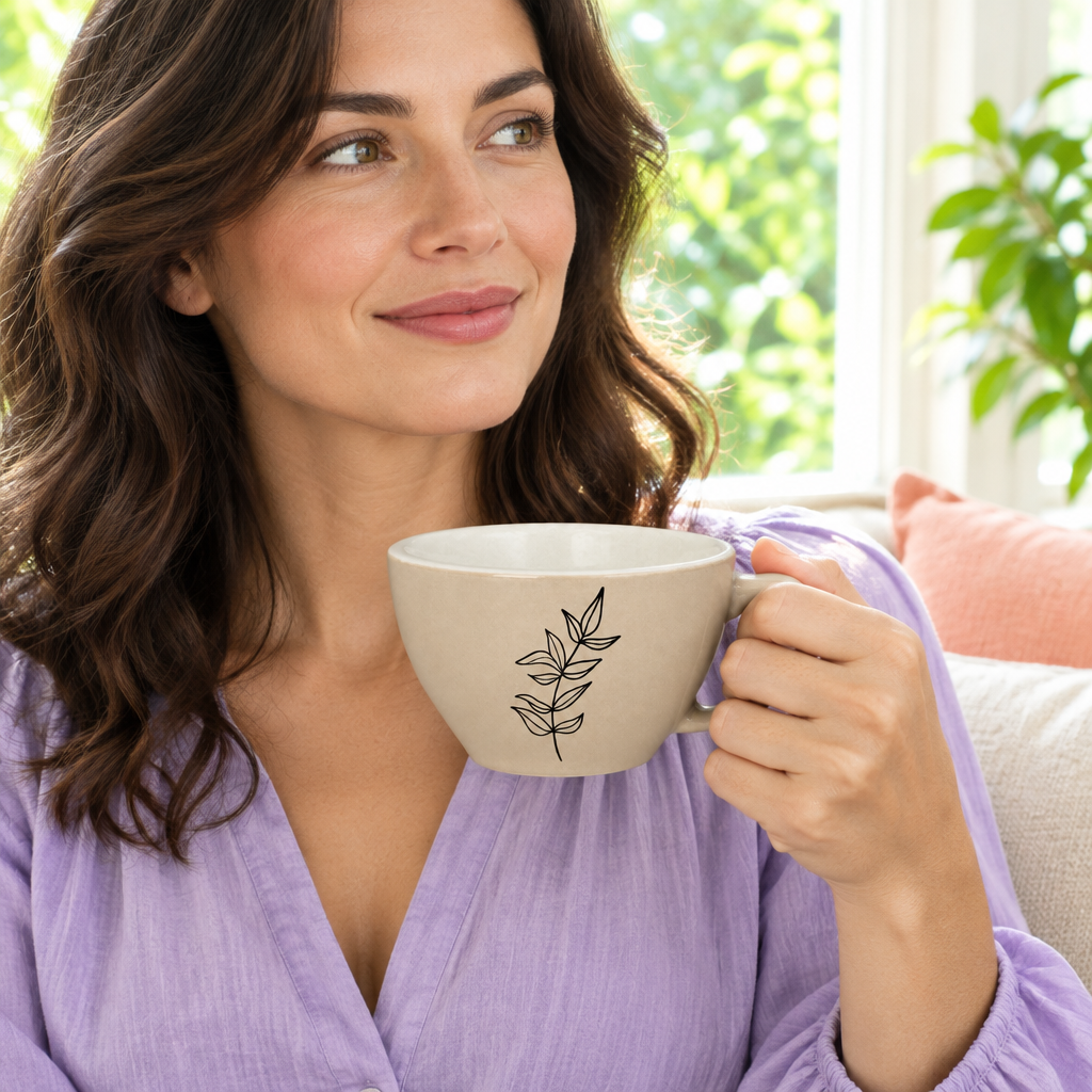Woman holding beige botanical coffee cup beside a window