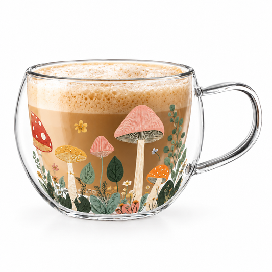 Rounded mushroom glass coffee cup concept on white background