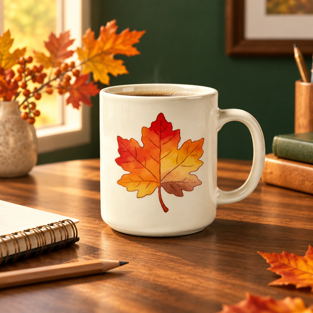 Autumn maple leaf mug on a home office desk