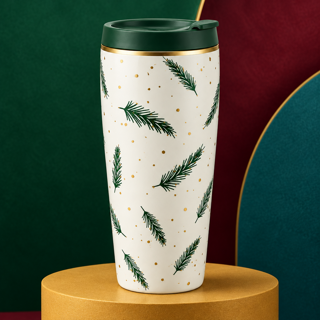 Pine tumbler concept against emerald burgundy and ochre studio colors