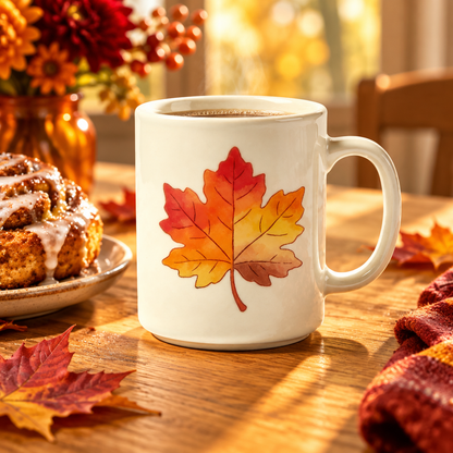 Maple leaf mug styled on an autumn breakfast table