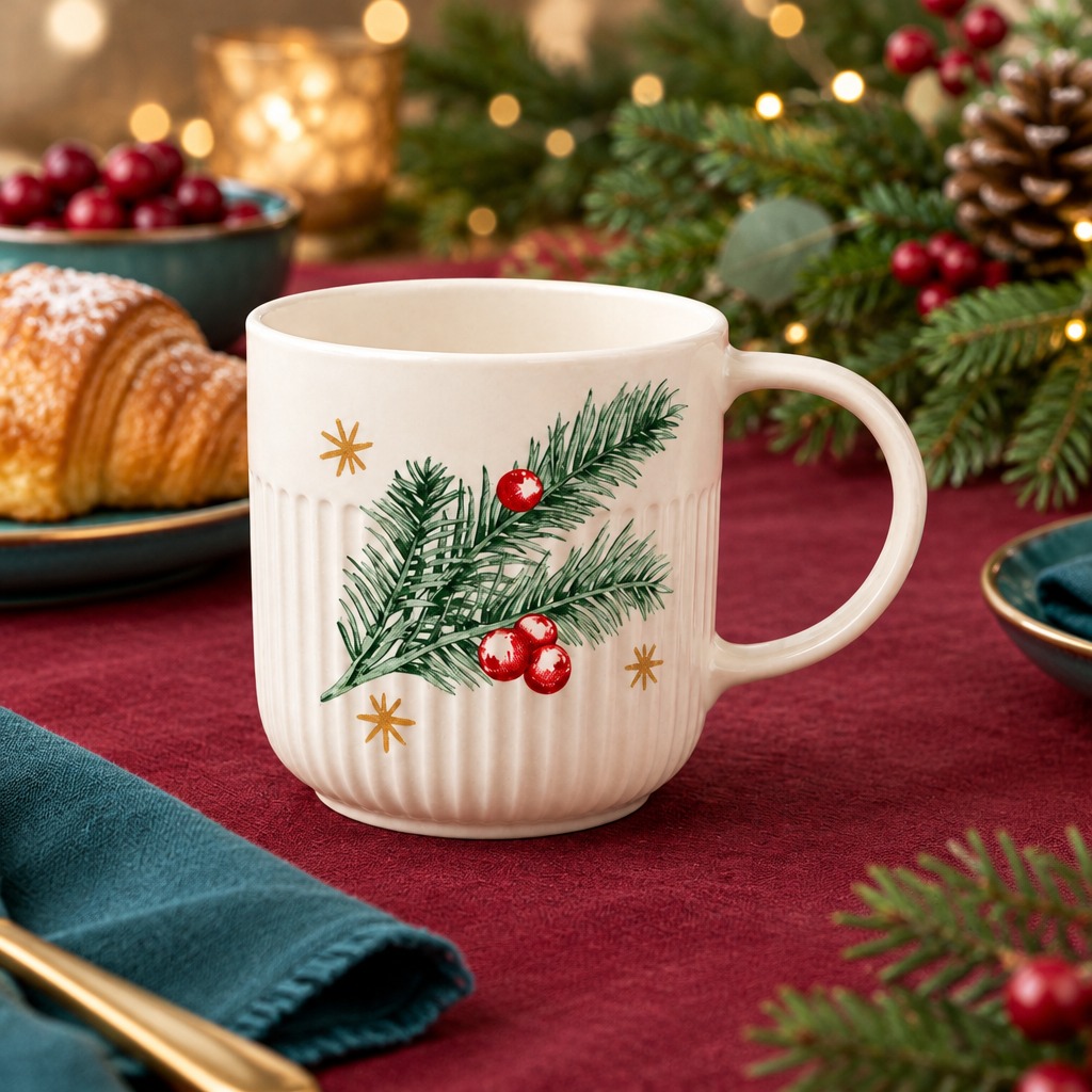 Pine and berry mug concept on a festive breakfast table