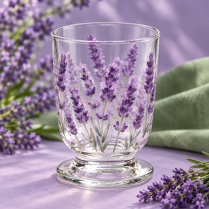 Close-up of purple lavender blossoms and green stem artwork